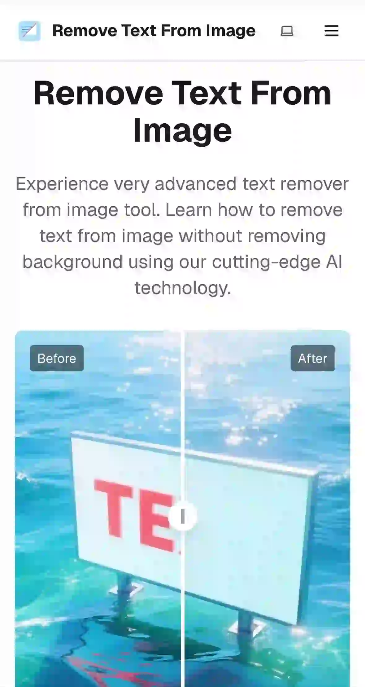 Remove Text From Image product preview illustrating fully automatic detection and erasure; a one-click app to remove text from image for speed, consistency, and minimal user intervention.