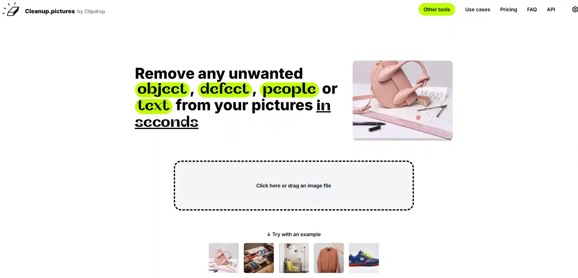 Cleanup.pictures web interface showing paint-to-remove workflow; a quick app to remove text from image online that delivers clean results without installing software, ideal for fast corrections.