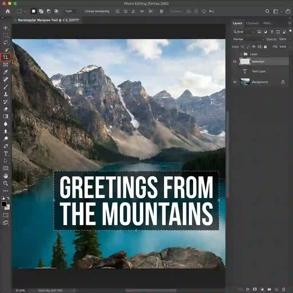 Selection tools used to photoshop remove text from image, showing Rectangular Marquee, Lasso, and Object Selection for precise boundaries that improve content-aware fill outcomes on varied backgrounds.