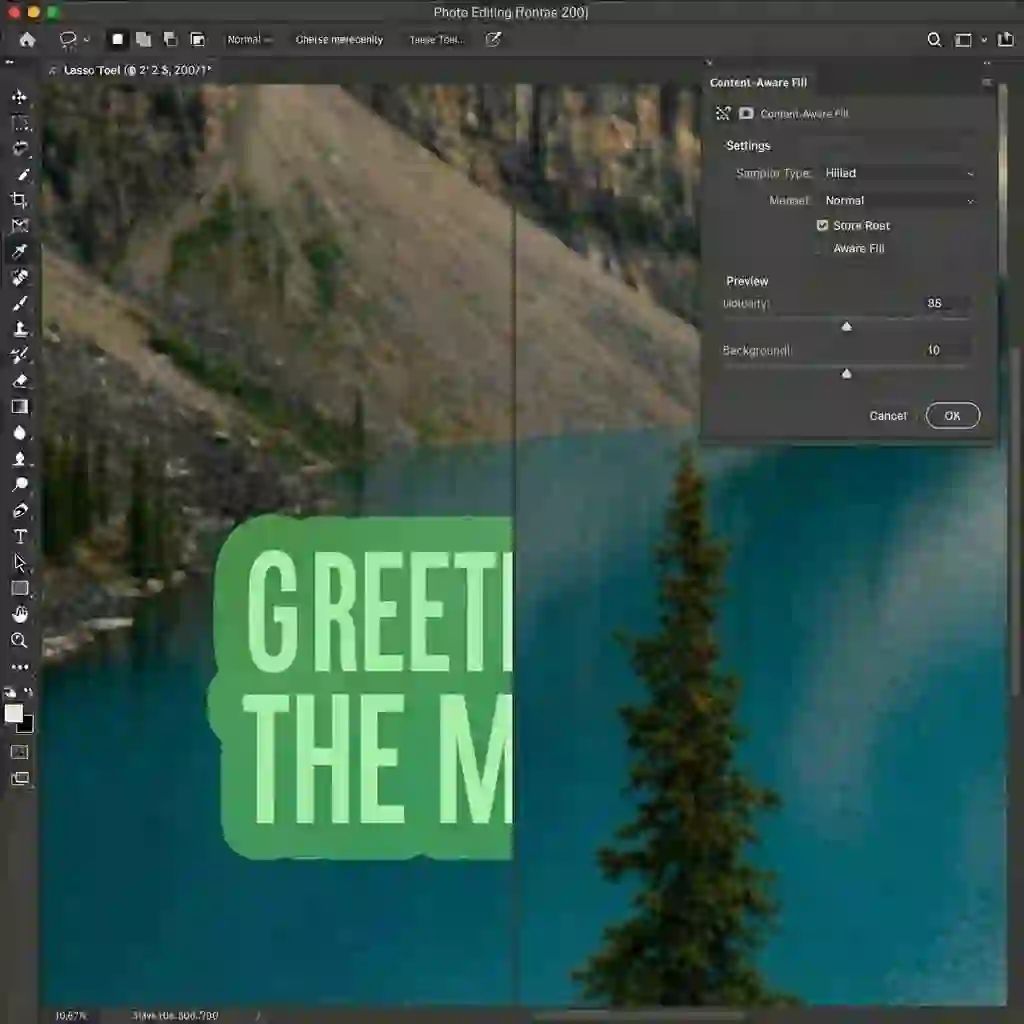 Content-Aware Fill interface preview while you photoshop remove text from image, displaying sampling areas, live results, and controls for refining the generated texture replacement.