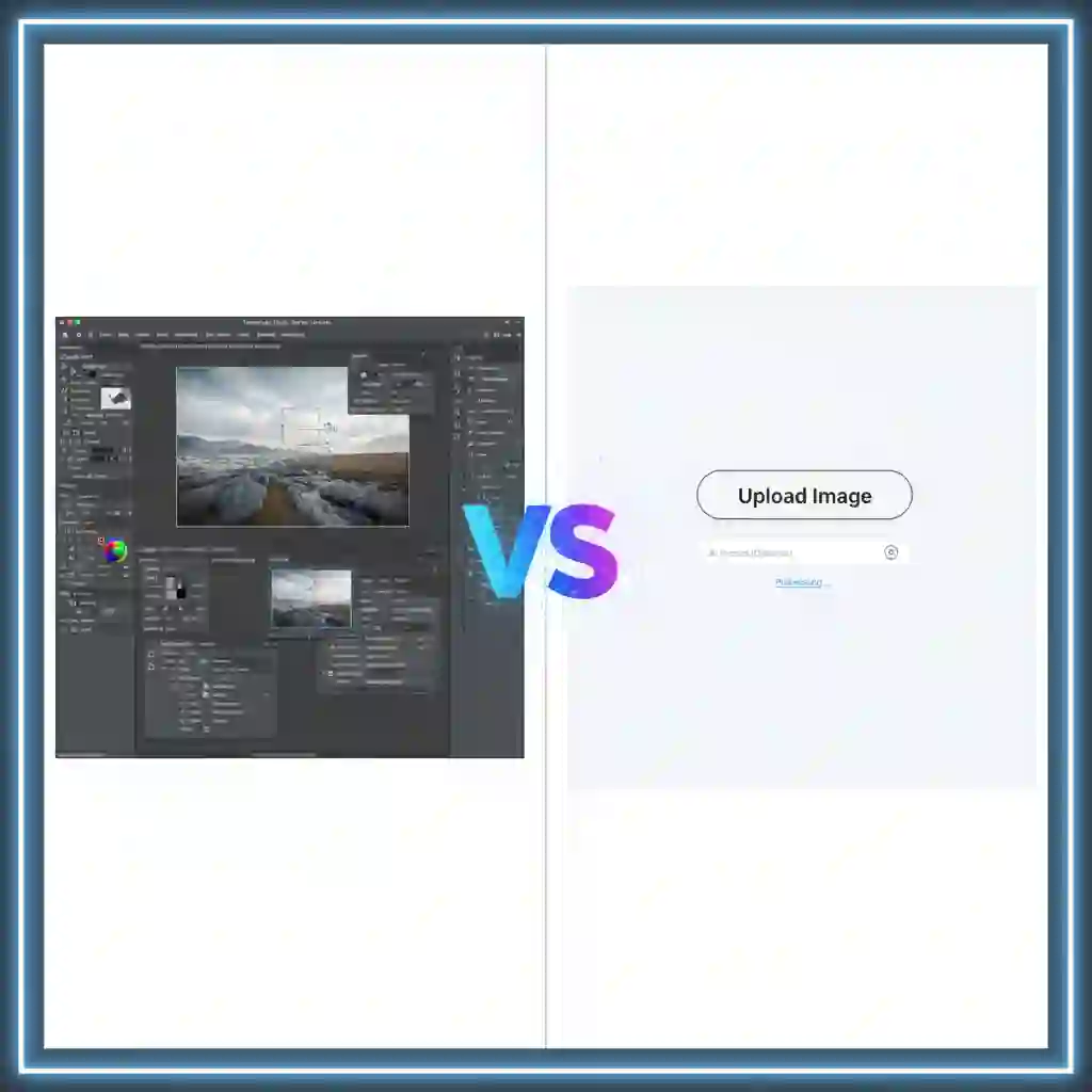 Photoshop interface with complex manual steps compared to a free remove text from image tool, highlighting selections, content-aware fill, and layers that make erasing overlaid text slower and harder for beginners.