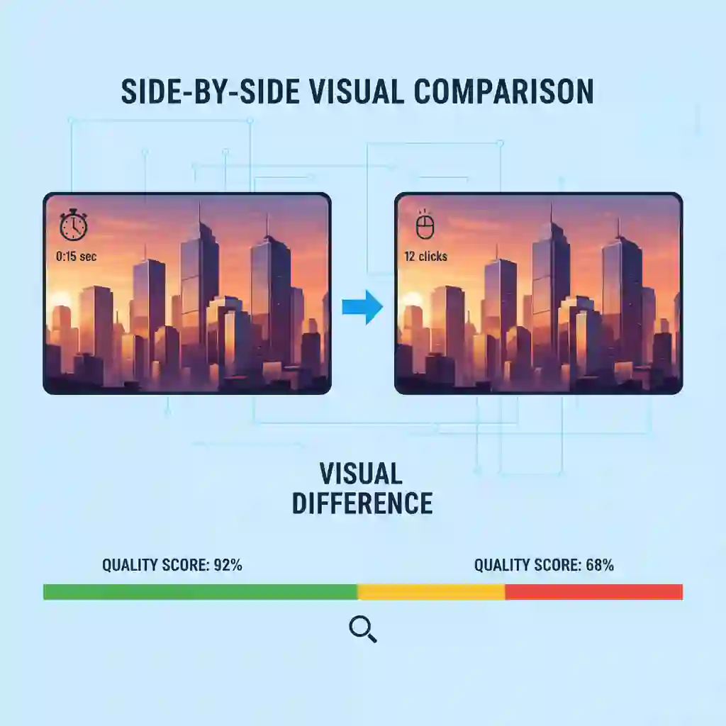Side-by-side comparison between Photoshop and a free remove text from image tool, showing identical test photo and timed workflow to evaluate speed, quality, and ease for erasing watermark text on wood grain.