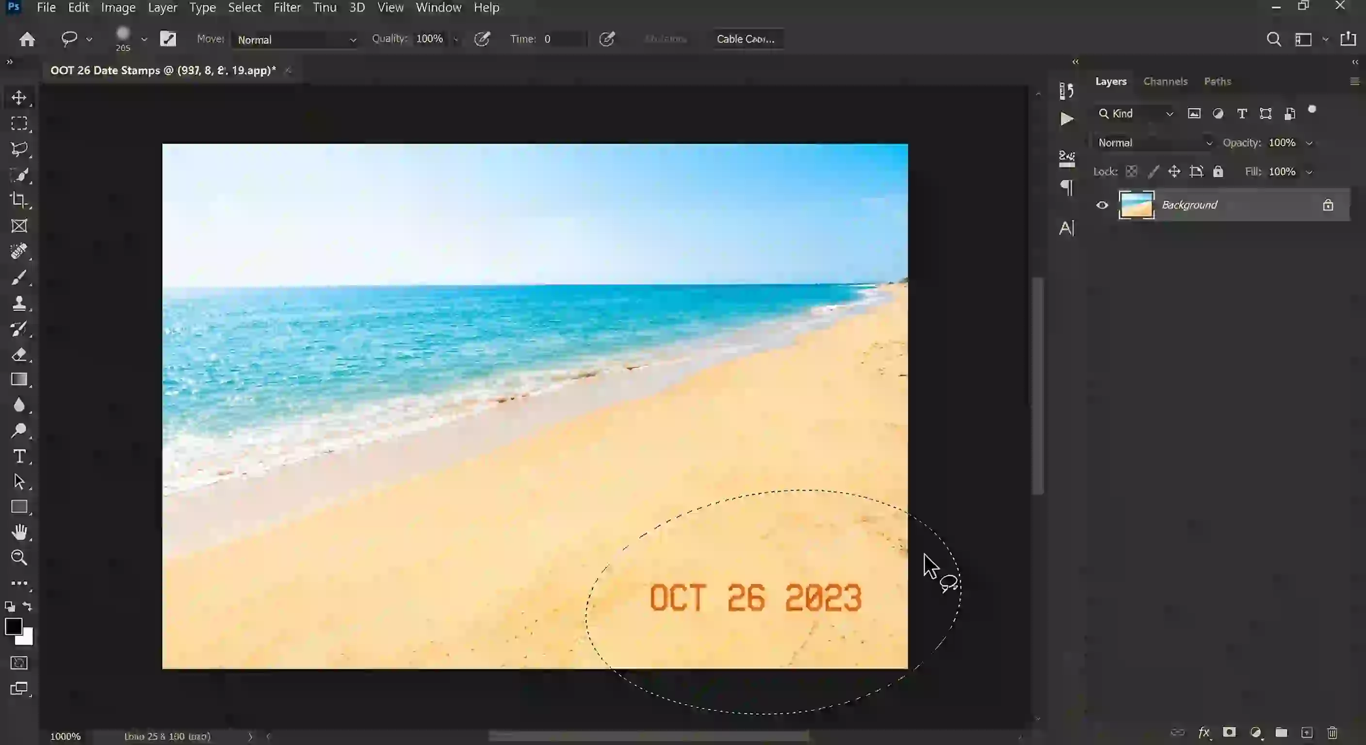 Using the Lasso Tool to mark the area for AI processing; an essential first step to remove text from image photoshop accurately while keeping surrounding detail intact for natural, consistent restoration.