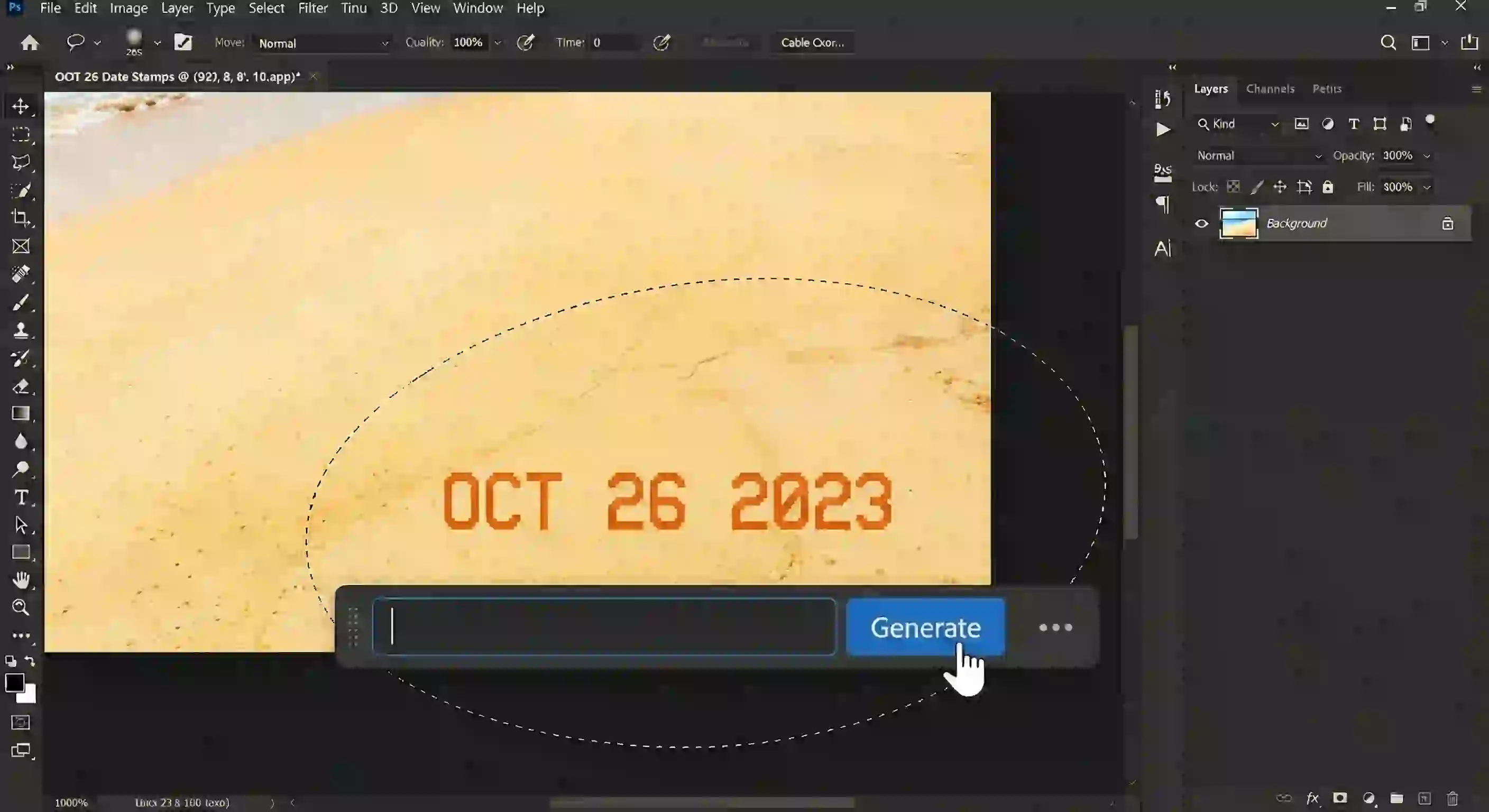 Clicking Generate with a blank prompt so Firefly inpainting decides; powerful technique to remove text from image photoshop automatically while preserving complex patterns, edges, and consistent tonal gradients.
