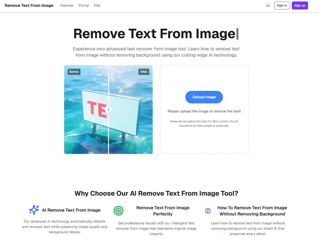 Interface view of the automatic service that helps users remove text from image ai free in three steps: visit, upload, and download, with no manual brushing or region selection required.