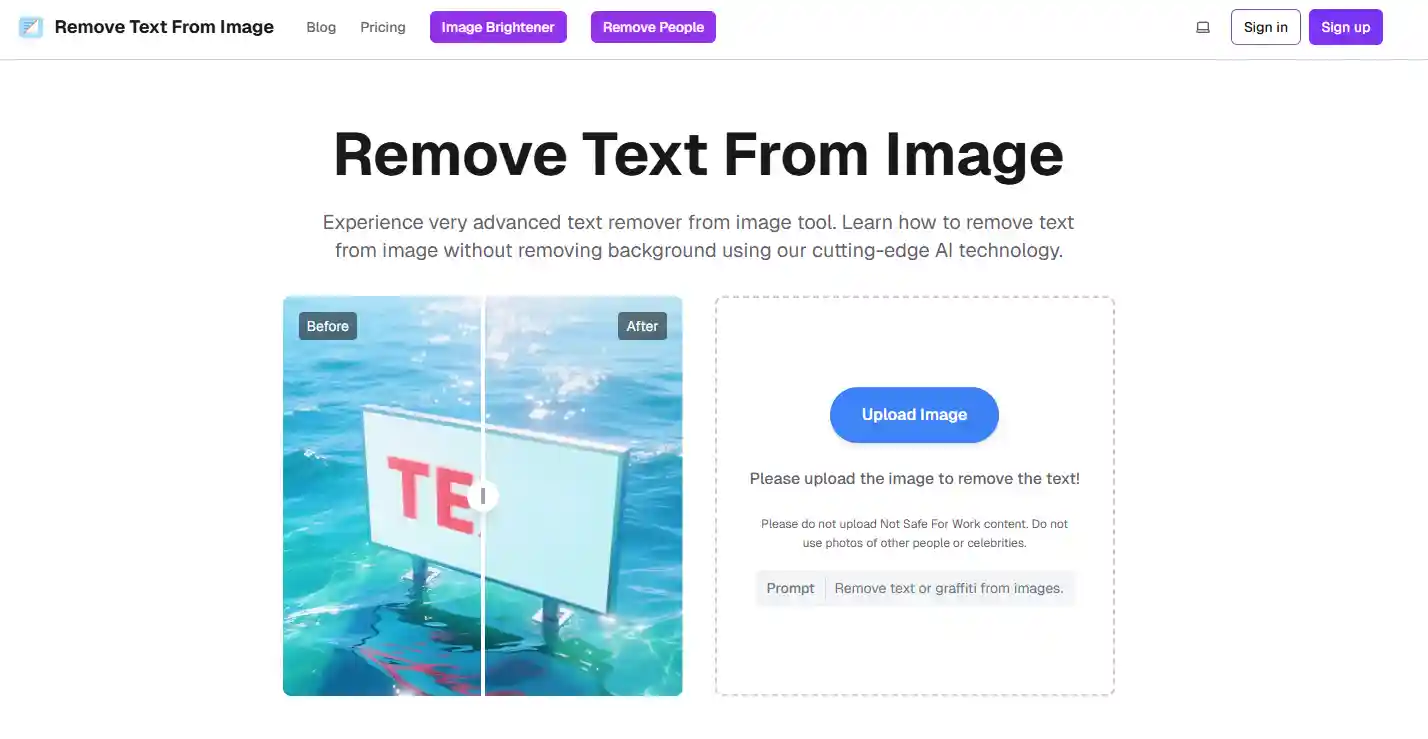 Step one of how to remove text from images: visit the homepage of the AI remover, where intuitive onboarding clearly guides users toward uploading files and starting automated cleanup with minimal clicks.